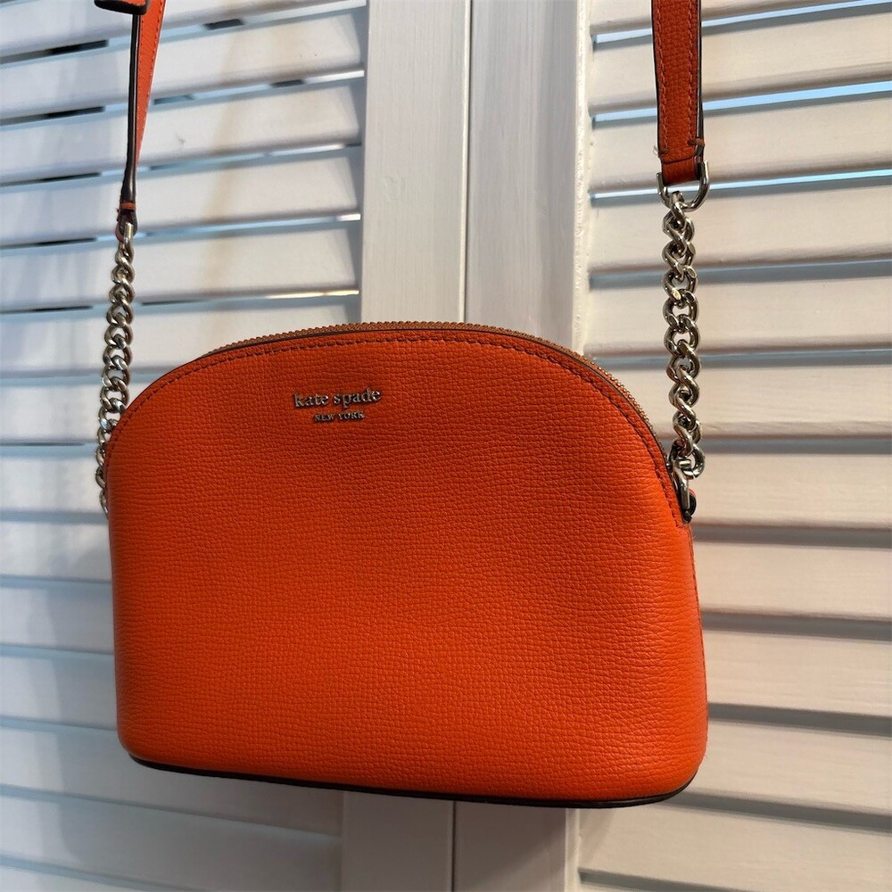 Kate Spade Crossbody Bag Womens Orange Pebbled Dome Chain Strap Top Zip